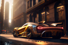 Silver Sports Car On The Road In The Night City Street, Generative Ai