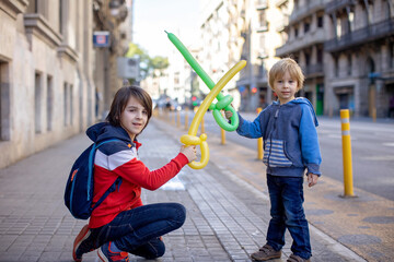 Sticker - Cute little children tourists admiring Barcelona city, family travel with kids