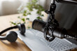 © ronstik - home studio for podcast recording, radio broadcasting. workplace of content creator. microphone closeup