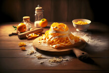 Twisted Tagliatelle Cooked According To Italian Recipe On Wooden Board With Yellow Tomatoes And Bowl Of Cheese