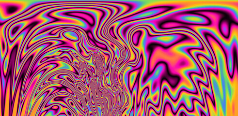 Poster - Abstract 70s hippie-style psychedelic background with neon iridescent streaks and stains.