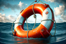 New Orange Life Buoy Floats On Its Side In Sea Water