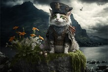 Cat Dressed As A Pirate On Mountain ,Generative AI