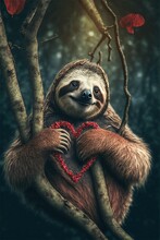 Charming Sloth Hanging From A Red  Heart-shaped On Tree Branch ,Generative AI
