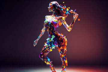 A fictional person. Silhouette of a Beautiful Woman in Full Body Dynamic Pose Disintegrating into Colorful Glowing Micro Voxels - A Fusion of Dance, Sport, and Vector Art. Generative Ai