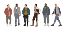 Street Fashion Men Vector Realistic Illustration. Stylish Men Wearing Trendy Modern Autumn, Winter, Spring Sport Style Outfit Standing And Walking. Cartoon Male Characters Isolated, White Background