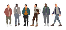 Street Fashion Men Realistic Illustration. Stylish Men Wearing Trendy Modern Autumn, Winter, Spring Sport Style Outfit Standing And Walking. Cartoon Male Characters On Transparent Background. PNG