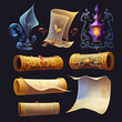 Cartoon set of magic parchment paper scrolls isolated on dark background. Isolated on background. Cartoon vector illustration