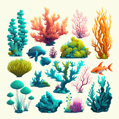 Seaweed and corals, tropical sea plants and reef animals. Isolated on background. Cartoon vector illustration