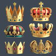 Set of golden crowns for king or queen, colorful crowning headdress for Monarch. Isolated on background. Cartoon vector illustration