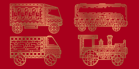 Transport set chinese style.Locomotive,Bus,Truck.Line art drawing.Vector illustration .