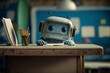 © Art Gallery - Little cute robot sits at a school lesson at a desk, does homework, cartoon character, schoolchild robot, android student, near future, technological progress, art created by ai, school life concept