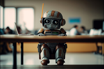 Wall Mural - robot student sits at a school lesson at a desk, does homework, technological progress, cartoon style, robot schoolboy, android student, near future, art created by ai, school life concept
