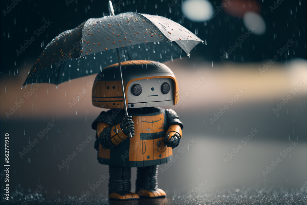 Umbrella Ribit little cute robot in the rain with umbrella, beautiful eyes ...