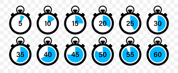 Poster - Timer and stopwatch vector icons set. Countdown timer vector icons. Time management. Deadline, punctuality and time management and optimization Countdown 5, 10, 20, 30, 60 minutes. Vector illustration