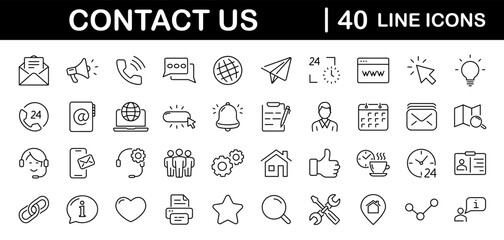 Fototapete - Contact us set of web icons in line style. Social Media network icons for web and mobile app. Customer service. Contact support sign and symbols. Call us, support, email, message, phone, info