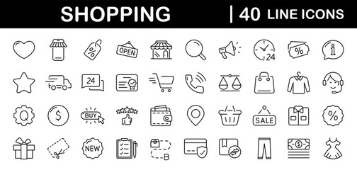 Poster - E-commerce and shopping set of web icons in line style. Shop icons for web and mobile app. Black Friday. Sale discount, mobile shop, digital marketing, delivery, bank card, gifts. Vector illustration