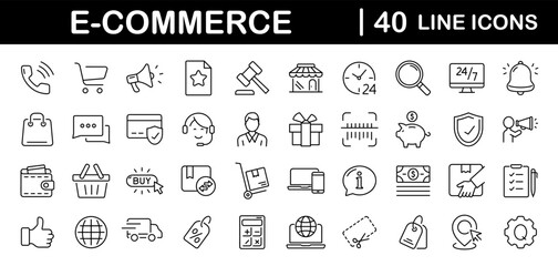 Poster - E-Commerce set of web icons in line style. Online shopping icons for web and mobile app. Business, mobile shop, digital marketing, bank card, gifts, sale, delivery. Vector illustration