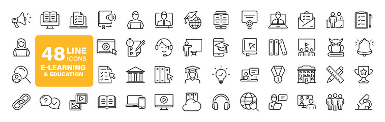 E-learning set of web icons in line style. Online education icons for web and mobile app. Distance learning, video tutorial, online lecture, school, university, webinar. Vector illustration
