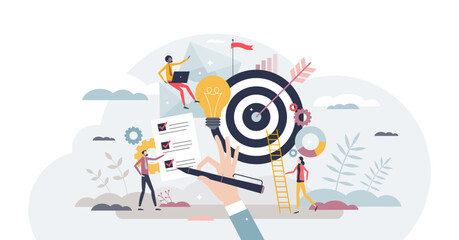 Objective achievement or business goal success management tiny person concept, transparent background. Aim and focus for work target illustration. Efficiency and ambition to accomplish perfect result.