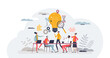 © VectorMine - Brainstorming office team with new idea generating process tiny person concept, transparent background. Creative and innovative marketing discussion and conversation illustration.