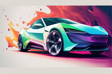  a car with a colorful paint job on it's side and a white background with a red, blue, and green car in the middle of the image is a white car with a. generative ai