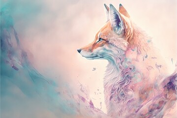  a painting of a fox with a pink background and blue and pink colors, with a pink and blue background and a white fox with a blue tail and pink background and blue and white. generative ai