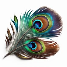  Two Peacock Feathers With A White Background And A Blue And Green Tail Feathers Are Shown In The Foreground Of The Image And The Background Is White Backdrop Of The Image With A White Backdrop.