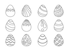 Easter Eggs Line Doodle Set Vector Illustration Isolated On White Background. Hand Drawn Eggs With Simple Patterns. 12 Clip Art Elements. Editable Stroke