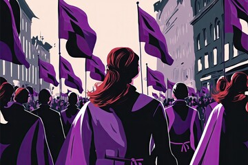 Wall Mural - Generative AI illustration crowd of women from behind demonstrating, holding purple flags, background on the street