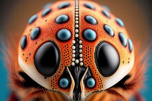  A Close Up Of A Strange Looking Insect With Blue Eyes And Orange Body And Black And White Details On Its Face And Body, With A Blue Background Of Blue And Orange And White Lines. Generative Ai