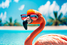 Flamingo In Glasses On The Beach In Summer