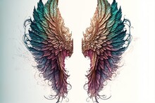  A Pair Of Wings With Intricate Designs On Them Are Shown In This Image, With A White Background And A Blue Background With A White Border Around The Edges And A White Border With A. Generative Ai