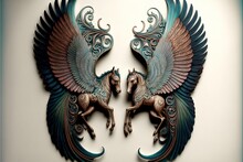  A Metal Wall Sculpture Of Two Horses With Wings On It's Back And A Bird On Its Back, With A Smaller Horse In The Middle Of The Frame, And A Smaller One Of The Other. Generative Ai Generative Ai
