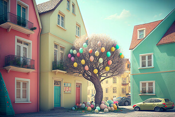 Wall Mural - Idyllic village with easter decoration on the street, many colorful eggs under the tree, holiday greeting card, generative ai
