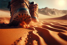 Trekking Shoes In Desert Sand. Military Sport Trekking Footwear.