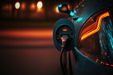 Electric Car. Modern Plug-in All-electric Car Being Charged Overnight On The Street In The City. Copy Space. Generative AI.