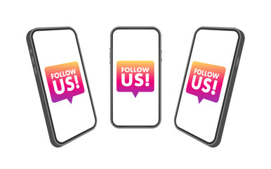 Aufkleber - Follow us label on smartphone screen. Vector stock illustration.