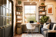 © SHArtistry - a cozy farmhouse style home office with a floor to ceiling bookshelf and warm lighting, boho neutral tones, AI assisted finalized in Photoshop by me