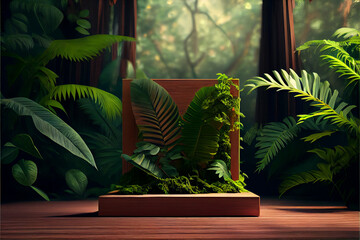  Wooden floor podium in tropical forest, green wall on the background, Generated ai