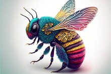  A Colorful Bee With A Large, Ornate Head And Wings On Its Body, With A Blue, Yellow, And Purple Body And Wings On Its Wings, And A Black Body, With A.