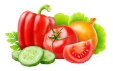 Fresh Salad Vegetables (tomato, Bell Pepper, Onion, Cucumber, Lettuce) Cut Out