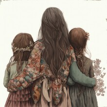 Mom With Two Girls From Behind No Faces, Muted Boho Colors, AI Assisted Finalized In Photoshop By Me 
