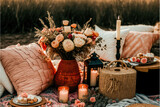 Fototapeta Boho - Valentines day boho picnic with soft peach and warm florals, candles, AI assisted finalized in Photoshop by me 
