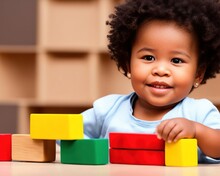 Candid Lifestyle Photograph Of A Young African American Toddler Playing With Wooden Block Toys Indoors, Generative Ai