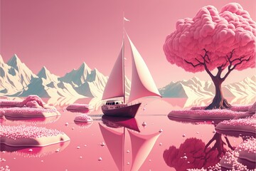 Canvas Print - Abstract graphic design of a kawaii sailboat and colorful landscape. Generative ai