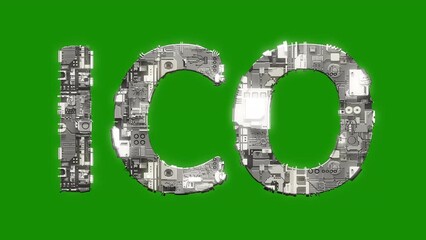 Poster - silver grey cybernetic text ICO with animation on green screen, isolated - loop video