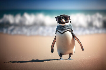 Climate change concept with peguin wearing sunglasses standing on sunny beach on a hot day, Generative AI illustration