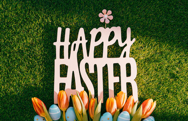 happy easter background with eggs and bunny