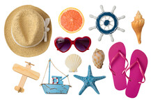 Summer Vacation Concept With Beach And Travel Accessories Isolated On Transparent Background. Top View , Flat Lay